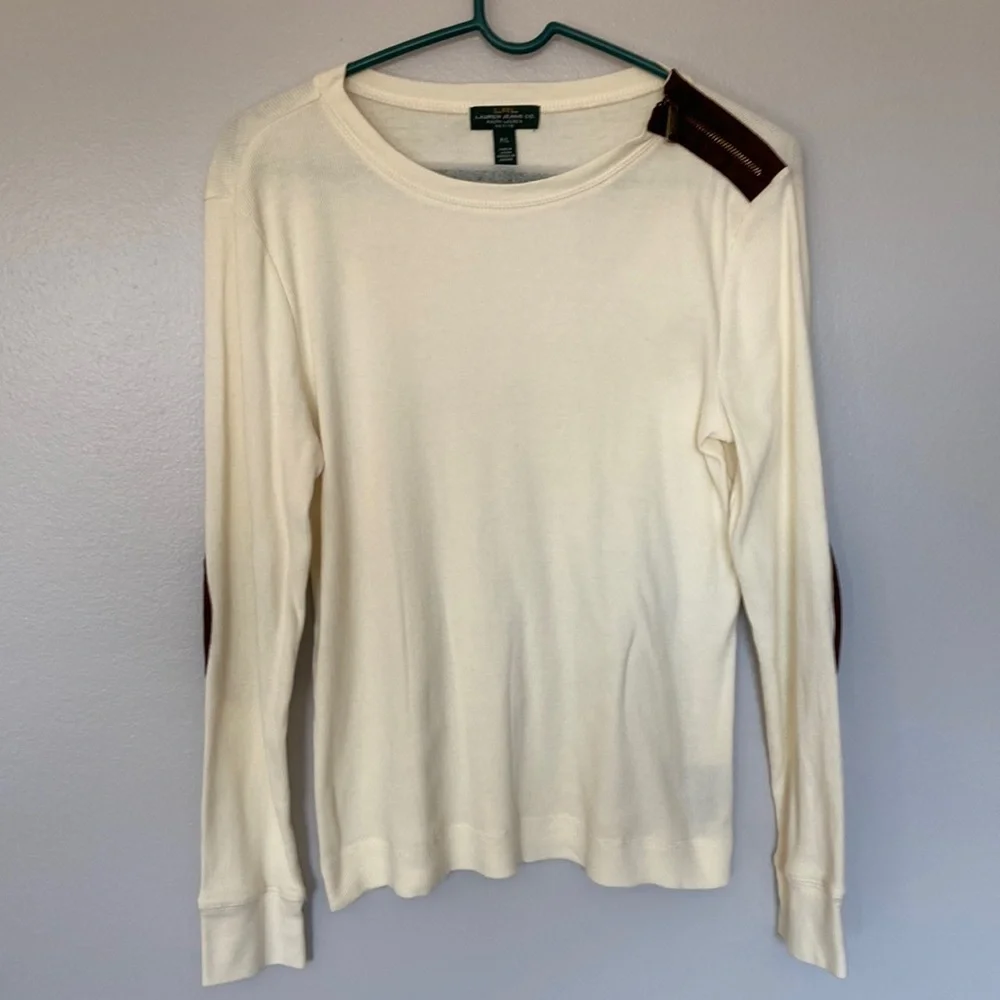 Ralph Lauren VTG LSleeve Pullover Ivory & Brown Elbow Patches, Zipper SZ P/L, EC - Picture 3 of 12